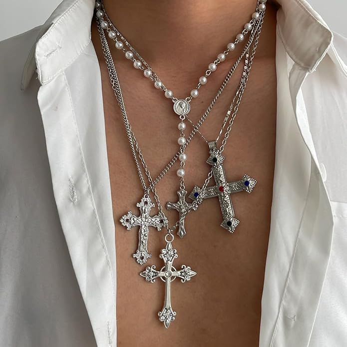Gold Color Cross Pendant Necklace Set for Women,Dainty Big Crystal Cross Imitation pearl Layered Chain Necklace Summer Party Jewelry