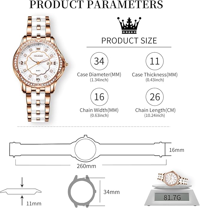 OLEVS Womens Ceramic Watch Luxury Shinning Diamond Rose Gold Watch for Women Analog Quartz Ladies Dress Watches Casual Waterproof Wrist Watches for Woman with Day Date Reloj para Mujer
