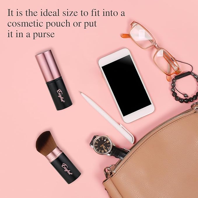 Retractable Kabuki Makeup Brushes 2 Pcs Blush Brushes Set Portable Powder Brushes with Flat and Angled Top for Liquid Cream Girls Cosmetics Travel, Large/1.18inch, Rose Gold