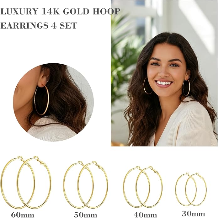 4/5/6 Pairs Stainless Steel 30/40/50/60/70 mm Silver 14K Gold Hoop Earrings for Women Hypoallergenic Big Thin Lightweight Dangle Set