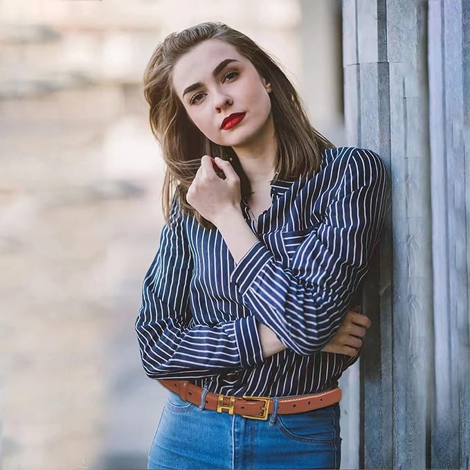 Women's Fashion Classic Metal Buckle Leather Belt with Jeans Dress