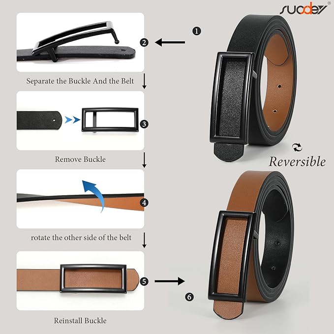 SUOSDEY Women Reversible Leather Belts for Jeans Pants Dresses Ladies Fashion Belts with Gold Buckle, 0.9" Width