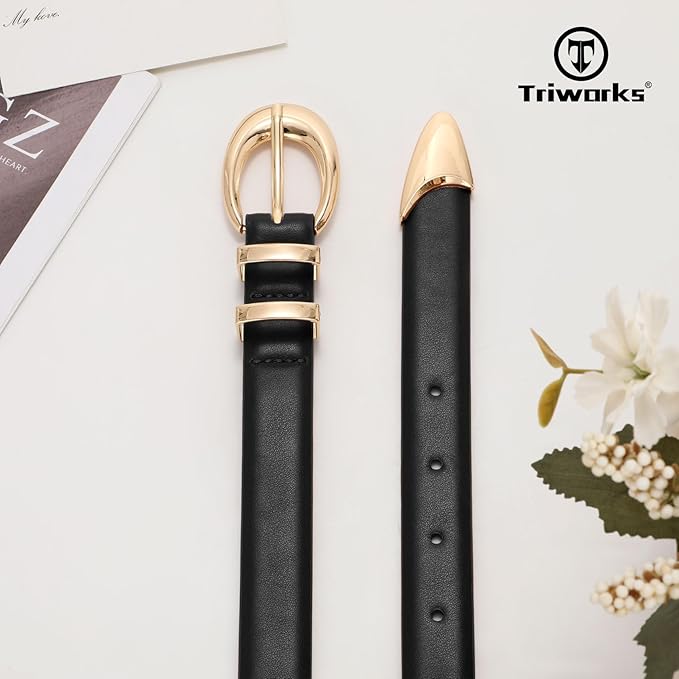 TRIWORKS Women Leather Belt for Jeans Pants Fashion Ladies Skinny Faux Leather Dress belt with Gold Buckle