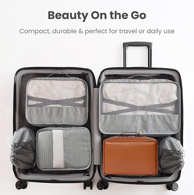 Travel Makeup Organizer Bag, Large Capacity Cosmetic Bags with Multiple Compartments, Open-Flat Toiletry Bag Portable Waterproof Pouch for Women Beauty Essentials (Brown)
