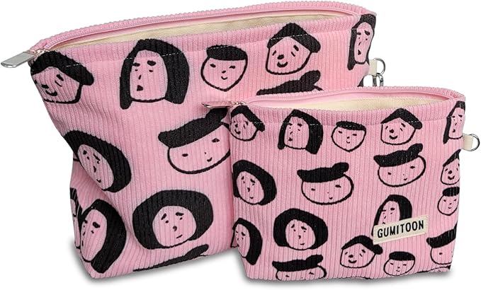 2pcs Pink Corduroy Makeup Bag for woman-aesthetic cute stuff as pouch case and purse organizer for girl-cosmetic travel toiletry bag small baggu glossier (Portrait)