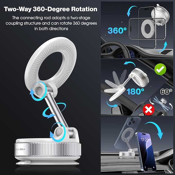 Vacuum Magnetic Suction Phone Holder, Foldable and Retractable Hands-Free Suction Cup Phone Mount for Car/Gym/Mirror/Smooth Surface, Compatible with iPhone Android and All Smartphones (White)