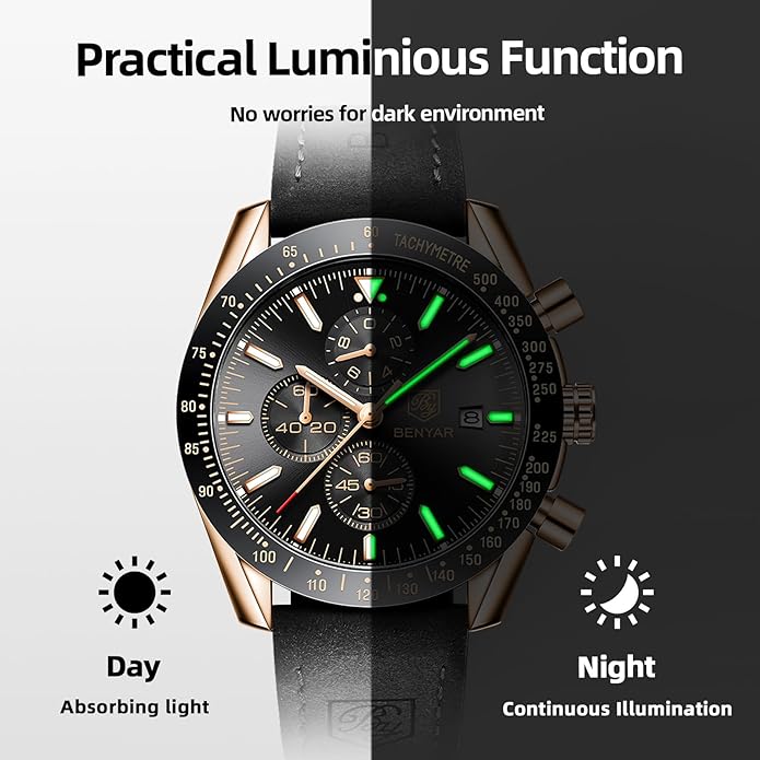 BY BENYAR Watch for Men Analog Quartz Chronograph Waterproof Luminous Designer Mens Wrist Watches Business Work Sport Casual Dress Watch with Silicone Strap Elegant Gifts for Men