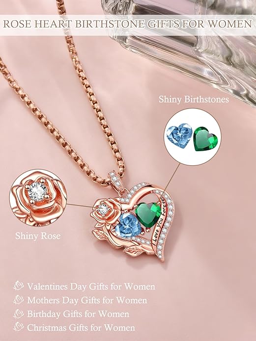 Rose Heart Necklaces for Women, Rose Gold Forever Love Jewelry with 2 Birthstones Pendant, Christmas Anniversarry Birthday Gifts for Her Wife Mom Grandma, 18+2 Inch Chain