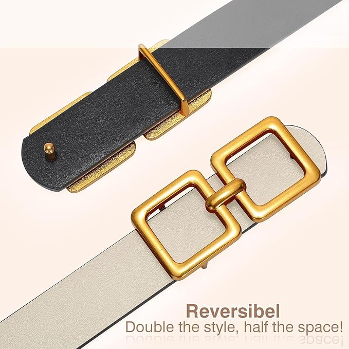 Reversible Genuine Leather Belt for Women - Gold Buckle for Jeans & Dresses