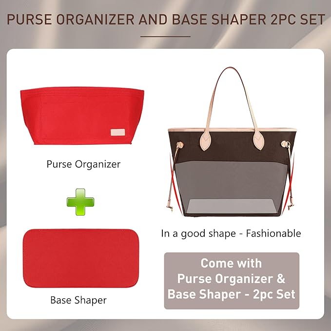 Doxo Purse Organizer Insert for Handbags & Base Shaper 2pc Set,Felt Organizer Insert Large Tote,Bag Organizer with Zipper 7 Sizes,Fit Speedy Neverfull MM/City33 and More(Red-L-Combination)