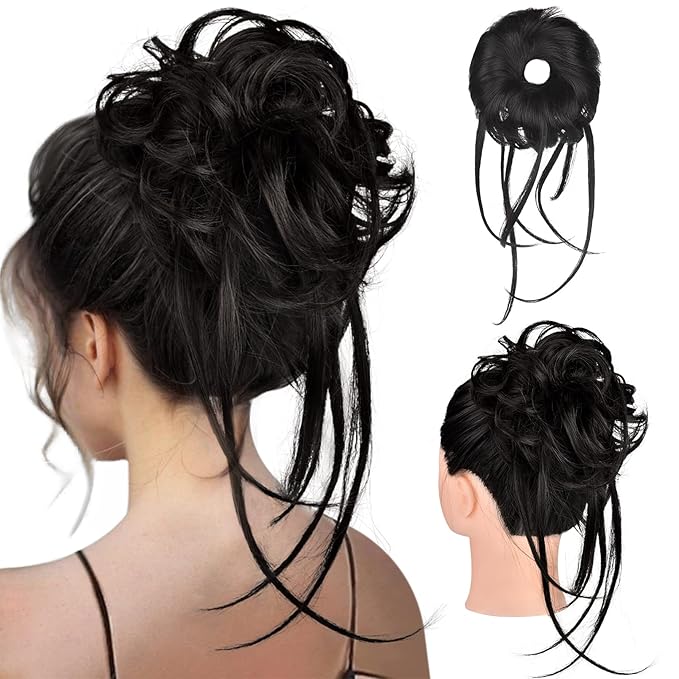 HOOJIH Messy Bun Hair Piece, Super Long Tousled Updo Bun Extensions Wavy Hair Wrap Ponytail Hairpieces Scrunchies with Elastic Hair Band for Women HB007 Grace - Off Black