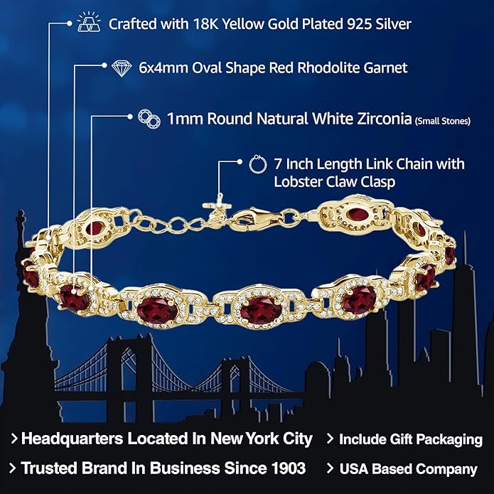 Gem Stone King 18K Yellow Gold Plated Silver Oval Gemstone Birthstone Tennis Bracelet For Women | Oval 6X4MM | 7 Inch With 1 Inch Extender | Fine Jewelry Gifts for Her Mom Women Wife