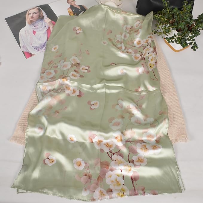 100% Mulberry Silk Scarf for Women Neck Oblong Headscarves Long Floral Print Lightweight Silk Wraps Shawls 67"*20"