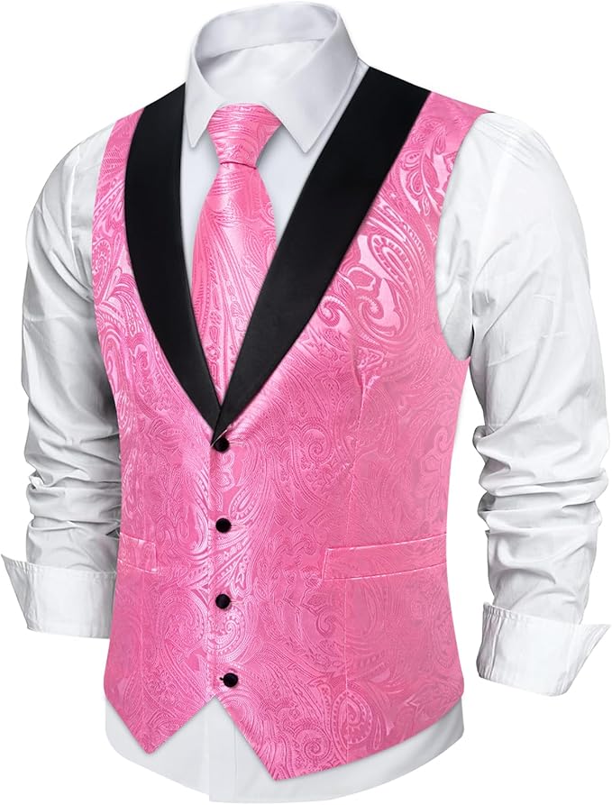 DiBanGu Mens Paisley Suit Vest Silk Jacquard Waistcoat and Necktie Set Formal Shawl Collar Dress Vest 7PCS for Wedding Party