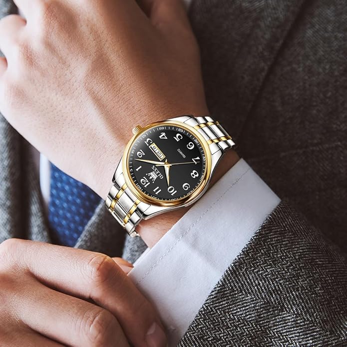 Men's Casual Stainless Steel Watch, Big Face Easy to Read Analog Quartz Watch with Day and Date, Classic Waterproof Diamond Roman Arabic Numerals Dial Dress Watch for Men, Gold Silver Black Band