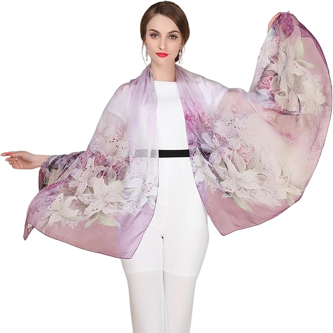 100% Mulberry Silk Women's Neck Silk Scarf-Lightweight Shawl,FLoral Print Beach Silk Wrap-Scarves for Photography