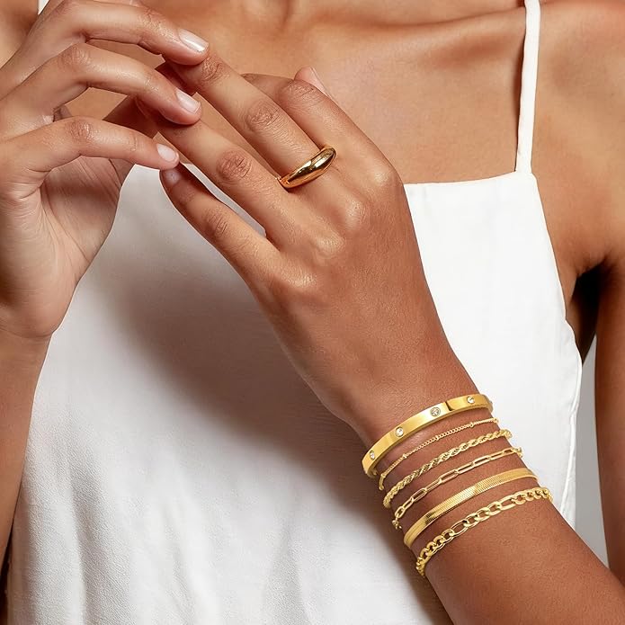 Gold Bracelets for Women Non Tarnish, Dainty 18K Gold Plated Bracelets Stack Trendy Waterproof Stackable Bangles, Cuban Link Paperclip Chain Jewelry Set Fashion Accessories Gifts for Women