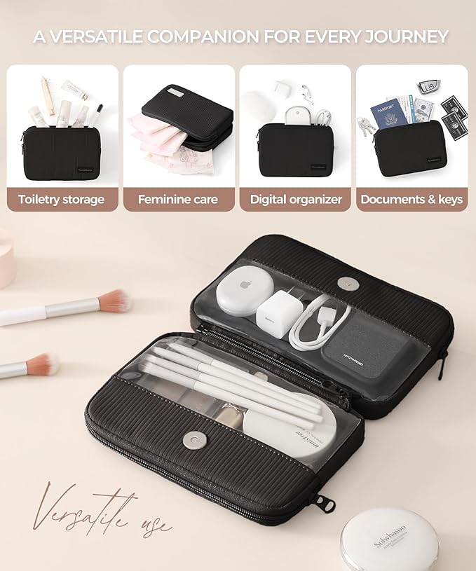 Preppy Makeup Bag, Rectangle Double Detachable Cosmetic Organizer, Clear Side Panel Portable Travel Pouches for In-Flight Essentials, Beauty & Tech Accessories, Gift for Women