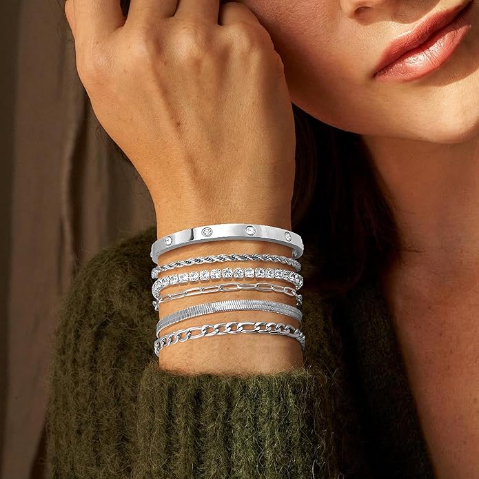 Gold Bracelets for Women Non Tarnish, Dainty 18K Gold Plated Bracelets Stack Trendy Waterproof Stackable Bangles, Cuban Link Paperclip Chain Jewelry Set Fashion Accessories Gifts for Women