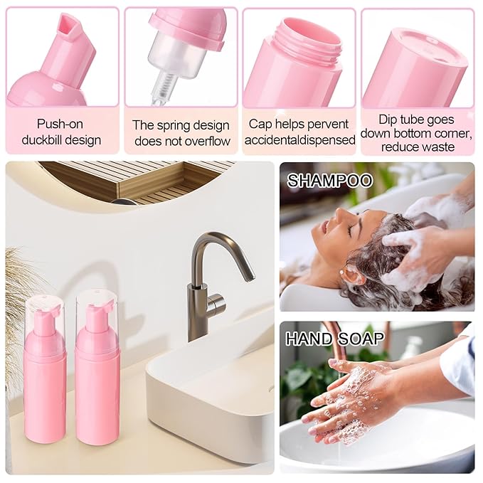 Zhehao 80 Pcs Lash Shampoo Bottle Brushes Kit 20 Foam Pump Dispensers 20 Lash Shampoo Brushes 20 Eyelash Aftercare Bag 20 Cleaning Pipes, Eyelash Extension Supplies(Pink)