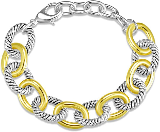 UNY JEWEL Twisted Cable Wire Link Chain Bracelet Two Tone Designer Brand Inspired Women Jewelry Valentine (2 Tone)