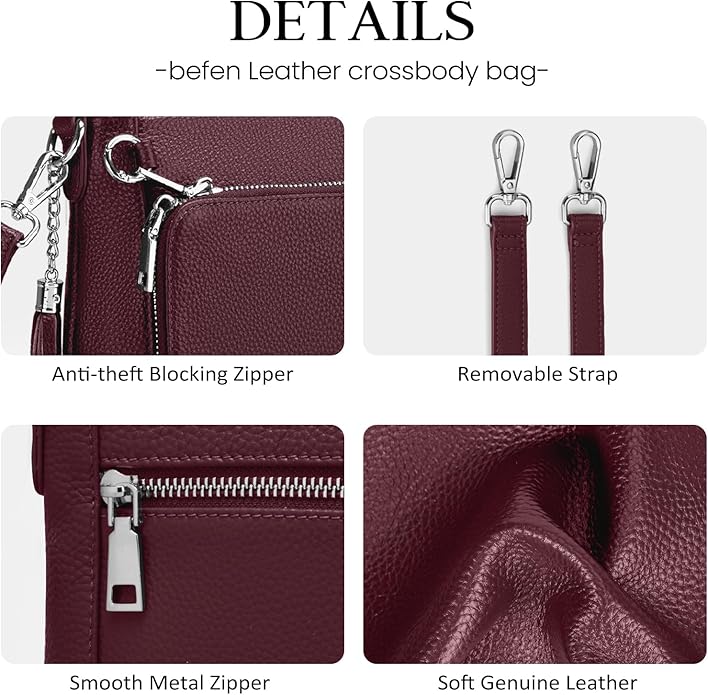 befen Anti Theft Genuine Leather Crossbody Bags for Women Handbags and Shoulder Basg with Built in Wallet RFID Leather Purse