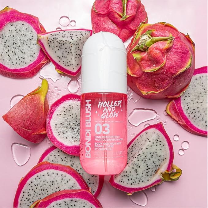 Bundle of Holler And Glow Bondi Blush Pink Dragonfruit Body & Hair Mist + Body Butter, Body Spray, Hair Perfume For Women, Jasmine, Amber Scented, Floral, Moisturizing, Nourishing, 2 Piece Set