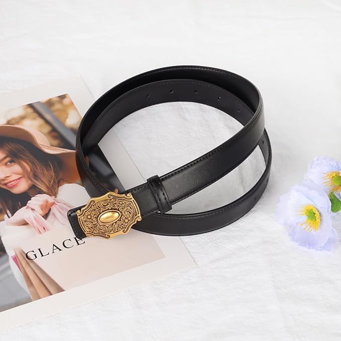 Women's Fashion Classic Metal Buckle Leather Belt with Jeans Dress
