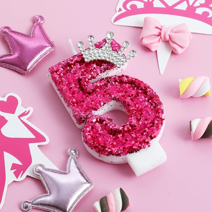 Hot Pink Birthday Candles Crown Number 5 Candle Birthday Party Decorations Cake Topper Cupcake Decor for Anniversary Celebrations Supplies