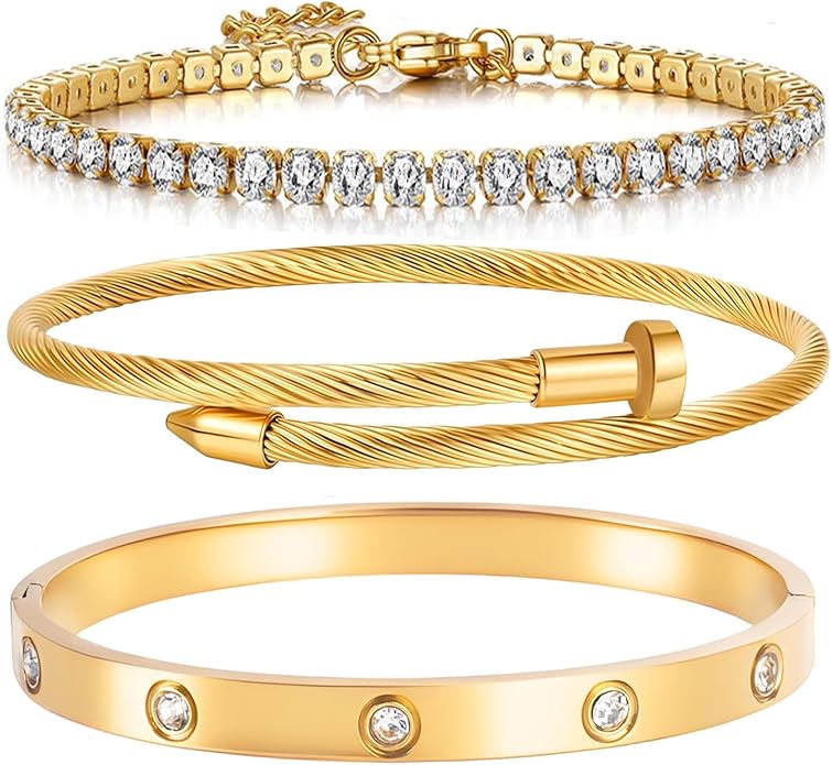 Gold Bracelets for Women-4Pcs/3Pcs,18K Gold Plated Bangle Tennis Bracelets Stack Set for Women Trendy Non Tarnish Stainless Steel Gold Bangles Accessories Designer Jewelry
