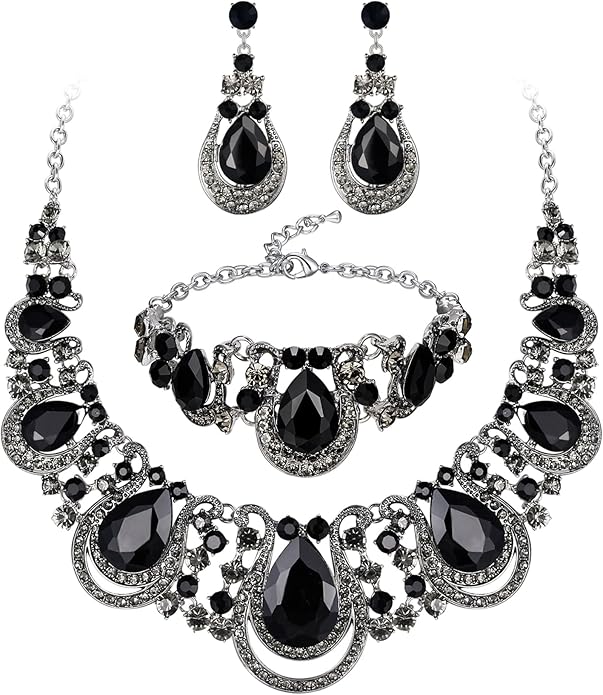 BriLove Women's Teardrop Crystal Statement Necklace Cluster Hollow Dangle Earrings Chain Bracelet Bib Jewellery Set for Wedding Bride Bridesmaid