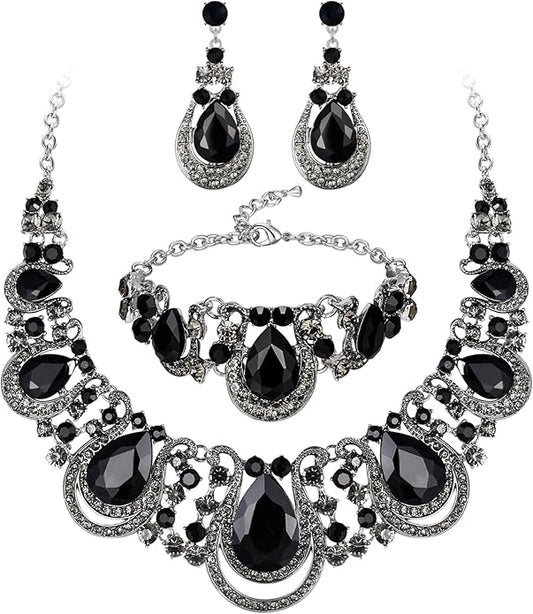 BriLove Women's Teardrop Crystal Statement Necklace Cluster Hollow Dangle Earrings Chain Bracelet Bib Jewellery Set for Wedding Bride Bridesmaid