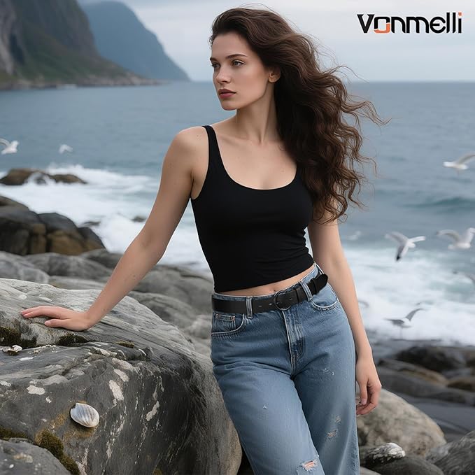 VONMELLI Women Leather Belt for Pants Jeans Dresses Ladies Belts with Fashion Gold Silver Buckle