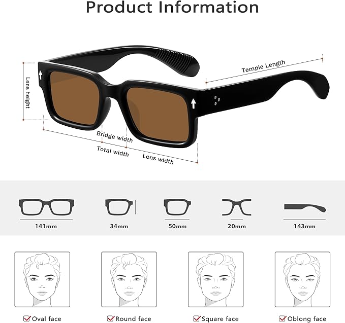 YDAOWKN Square Frame Sunglasses for Women Men Trendy Chunky Rectangle Sun Glasses Black Shades UV400 Protection