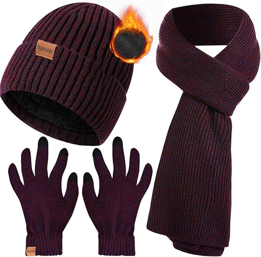 3PCS Winter Beanie Hat Scarf Touchscreen Gloves Set for Men and Women, Knitted Fleece Lined Hats Thermal Gloves Long Scarf
