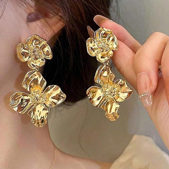 Gold Flower Statement Earrings for Women, 14K Gold Plated Large Irregular Leaf Floral, Big Chunky Dangle Earrings Set