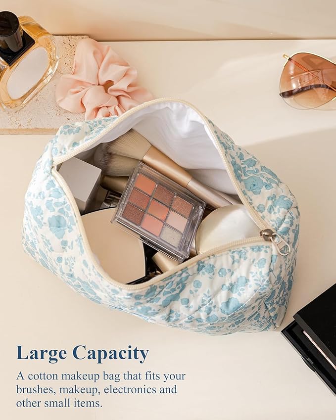 HBselect Initial Quilted Makeup Bag, Cotton Large Travel Makeup Bag, Cute Floral Coquette Make up Bag Cosmetic Bag Toiletry Bag for Women Girls R
