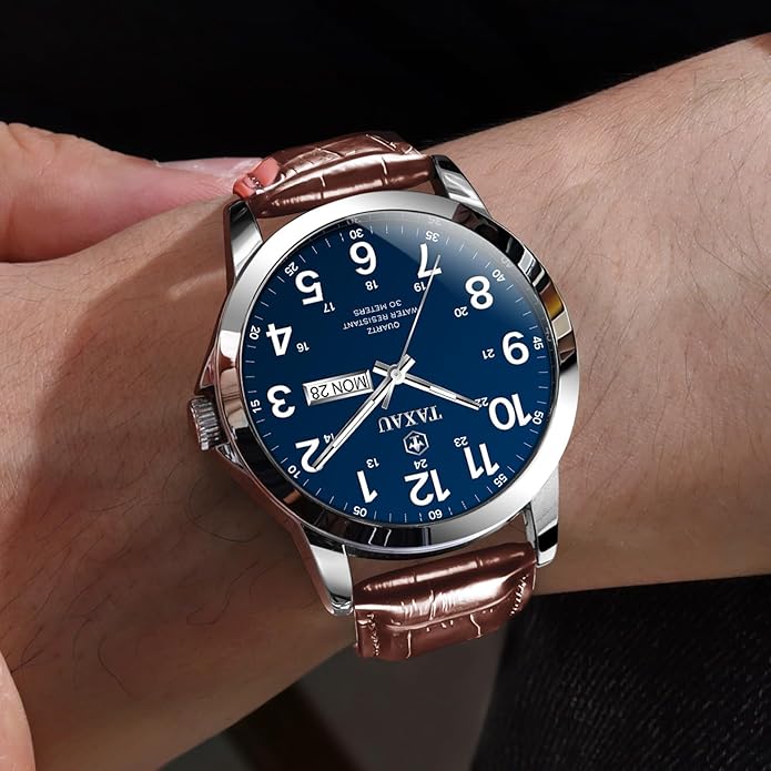 Watches for Men Leather Large Arabic Numerals Mens Watches Waterproof Band with Date Quartz Men's Wrist Watch