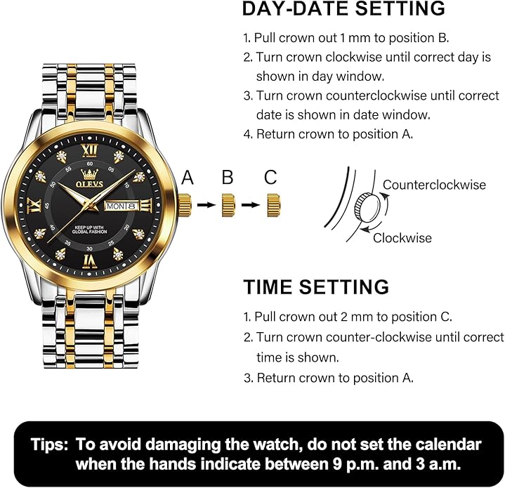 OLEVS Men's Stainless Steel Watch, Large Face Roman Numerals Diamond Accented Three-Hand Analog Quartz Watches for Men, Easy to Read Day Date Waterproof Luminous Mens Wristwatch