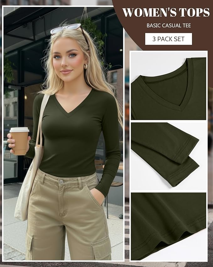 Ficerd 3 Pack Women's Long Sleeve Shirts, V Neck Basic Tees Slim Fitted Casual Fall Tops Going Out Blouses T Shirts