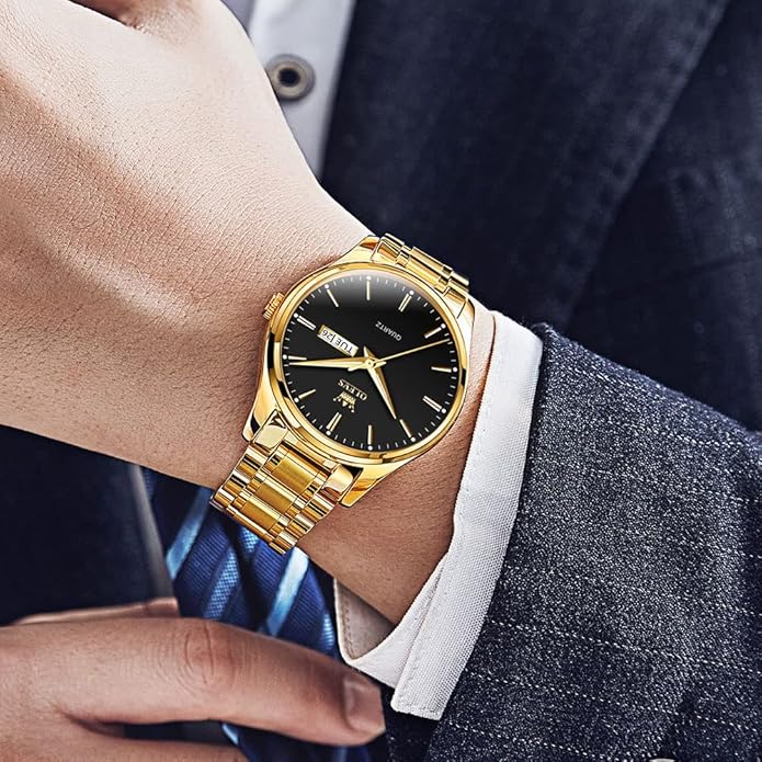 Men's Casual Stainless Steel Watch, Big Face Easy to Read Analog Quartz Watch with Day and Date, Classic Waterproof Diamond Roman Arabic Numerals Dial Dress Watch for Men, Gold Silver Black Band