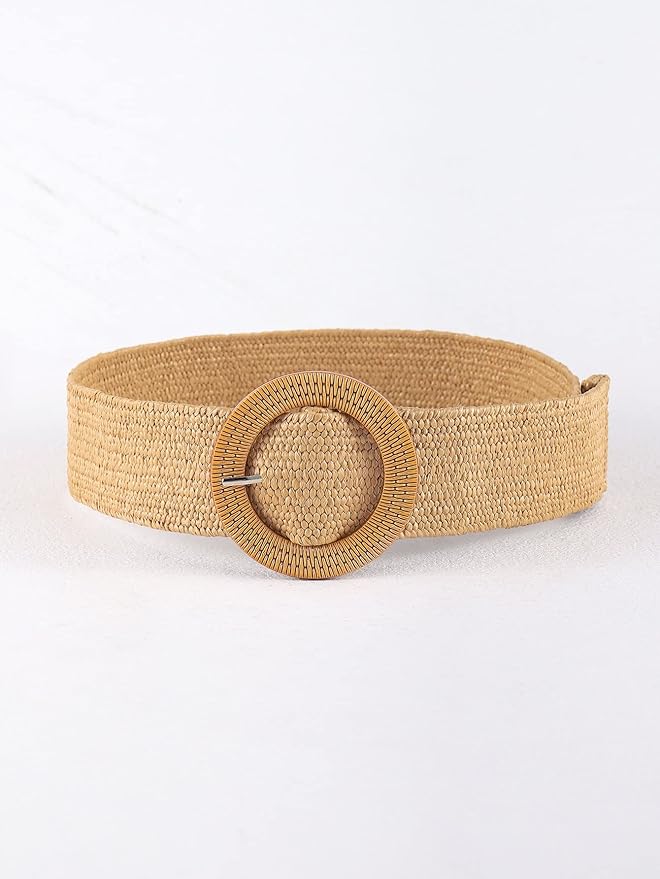 Verdusa Women's Western Belt Cowgirl Boho Straw Belts Round Buckle Elastic Waist Belt