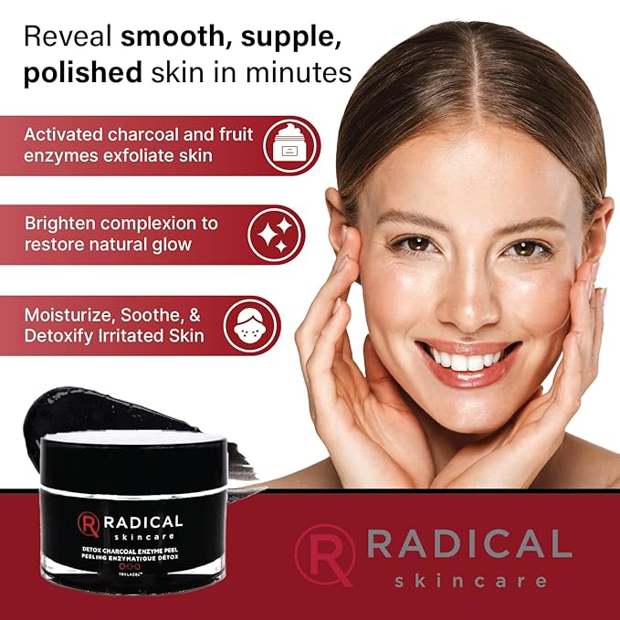 Radical Skincare Detox Charcoal Enzyme Peel - Powerful Formula w/ 11 Fruit Enzymes for Maximum Exfoliation | For All Skin Types Including Sensitive Skin | Cruelty & Paraben Free (1.7 oz)