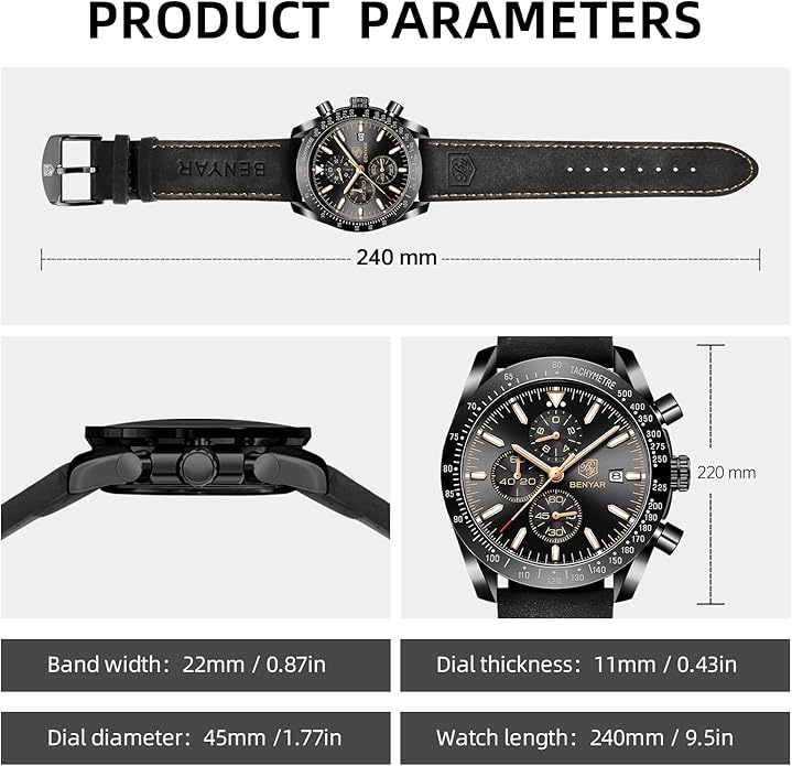BY BENYAR Watch for Men Analog Quartz Chronograph Waterproof Luminous Designer Mens Wrist Watches Business Work Sport Casual Dress Watch with Silicone Strap Elegant Gifts for Men