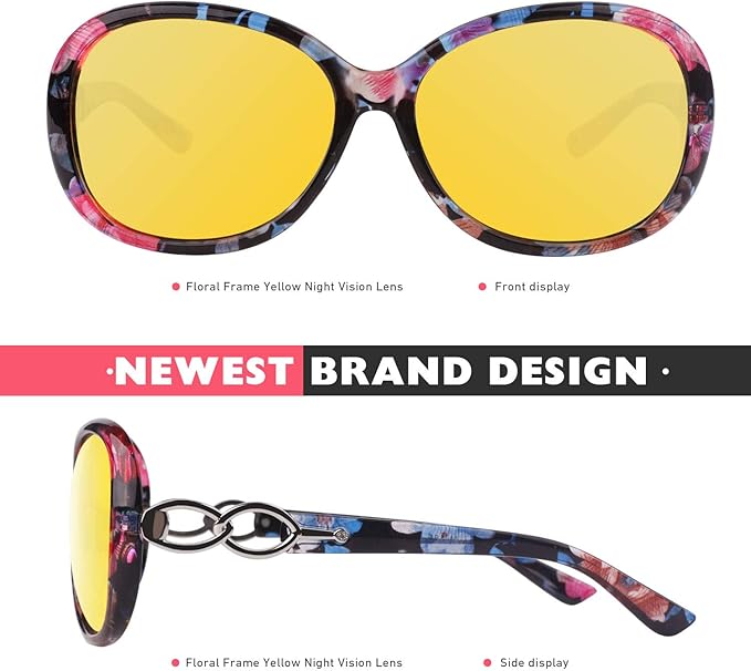 CGID Night Driving Glasses Women,Anti Glare Polarized Nighttime Vision Yellow Trendy Oversized Lens UV400,Floral