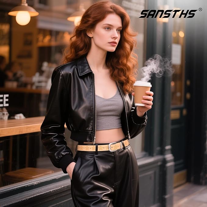 SANSTHS Womens Belt for Jeans Pants Dresses with Alloy Buckle, Floral Print Belt for Women with Unique Print Design