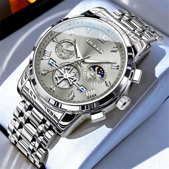 OLEVS Watches Men Waterproof Luxury Big Face Mens Watch Stainless Steel Quartz Analog Dress Watches for Men Luminous Multifunction Man Watch Relojes De Hombre
