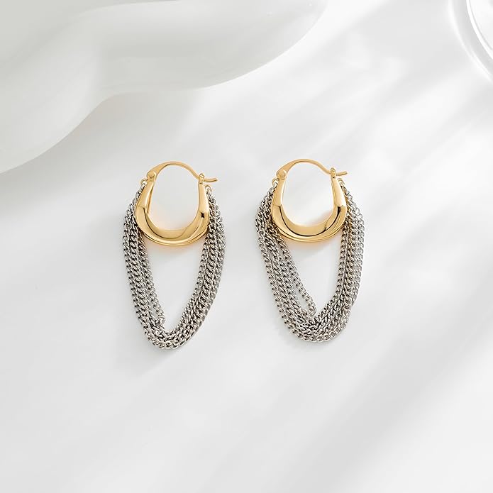 Tassel Chain Hoop Earrings for Women Trendy Two Tone Dangling Chain Earrings Hypoallergenic Fashion Jewelry Gifts