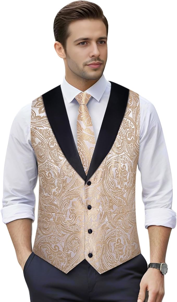 DiBanGu Mens Paisley Suit Vest Silk Jacquard Waistcoat and Necktie Set Formal Shawl Collar Dress Vest 7PCS for Wedding Party