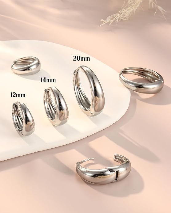 14K Gold Plated Small Chunky Hoop Earrings Sterling Silver Post - Hypoallergenic Trendy Thick Lightweight Silver Plated Huggie Hoops Dainty Hoop Earrings for Women Non Tarnish Jewelry Gifts